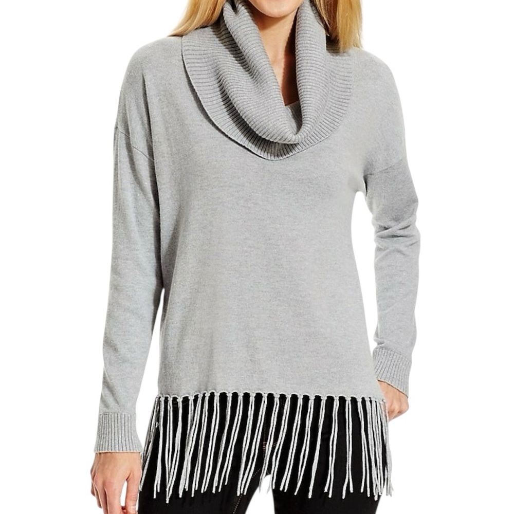 Michael Kors Cowl Neck Fringe Hem Sweater Pearl Heather Gray Size L